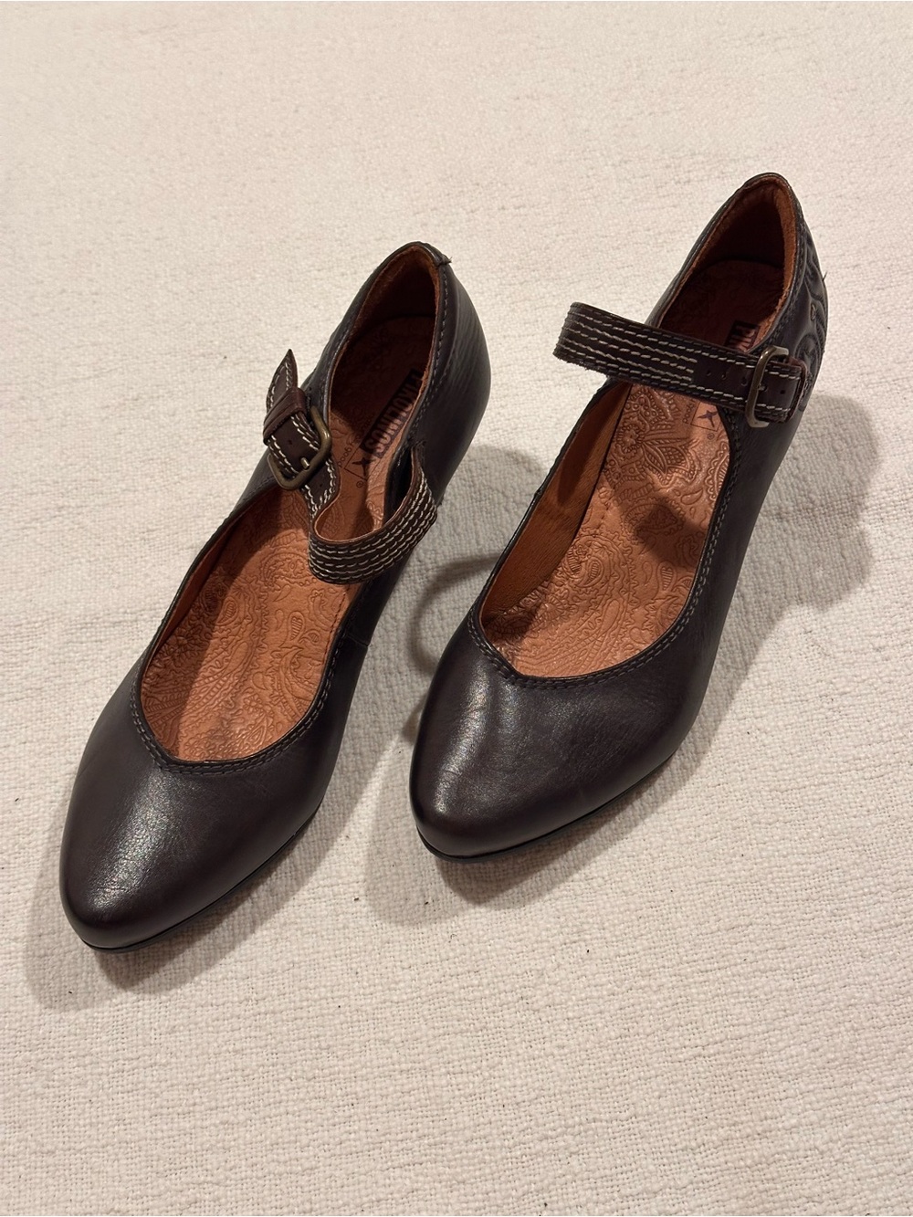 Pikolinos Dark Brown Leather Mary Jane Block Heel Shoes EU 41